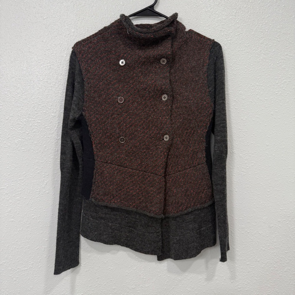 Curio New York Women XS Knit Jacket Double Breasted Burnout‎ Textured Brown Gray